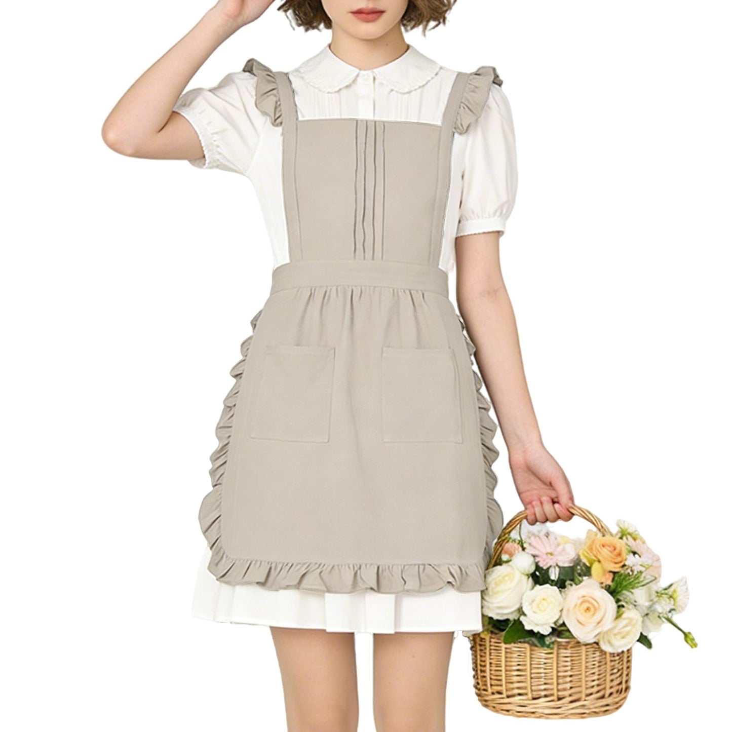 Vintage Ruffle Apron for Women with Pocket, Frilly Kitchen Cooking Waitress Maid Costume Skirt Style（Beige）
