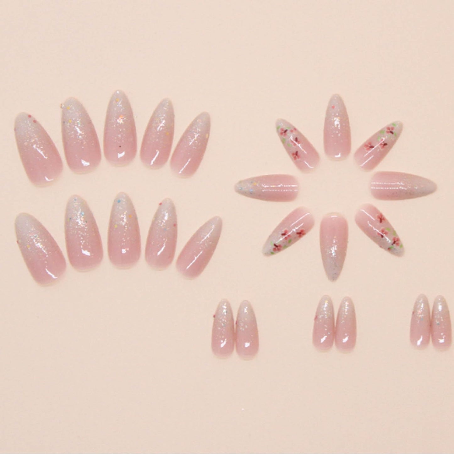 Hkanlre Gradient Pink Fake Nails Tips Bling Press on Nails Full Cover Almond False Medium Nails for Women 24PCS