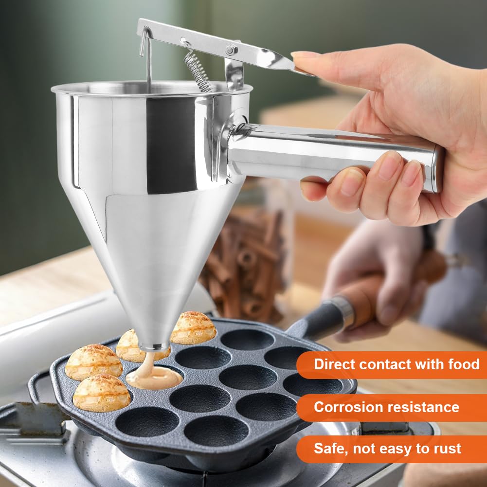 Pancake Batter Dispenser, Stainless Steel Funnel Cake Dispenser with with Squeeze Handle & Stand for Cupcakes, Pancakes, Takoyaki, Waffle and Baked Goods(Size:S,600ml)