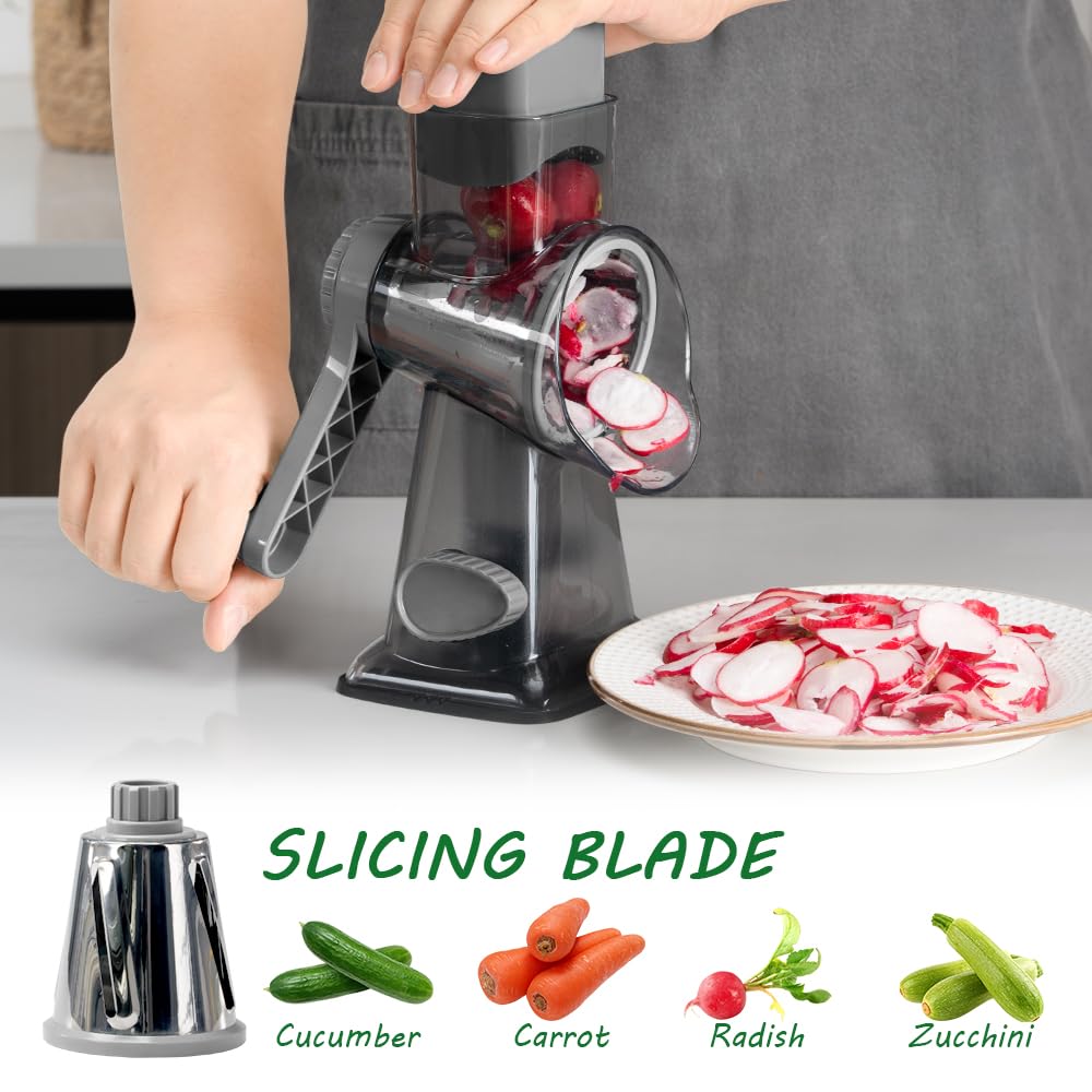 EDEFISY Cheese Grater Hand Crank Rotary Vegetables Shredder with Handle, 3-in-1 Graters with Interchangeable Blades and Non-slip Base Multifunctional Slicer for Kitchen