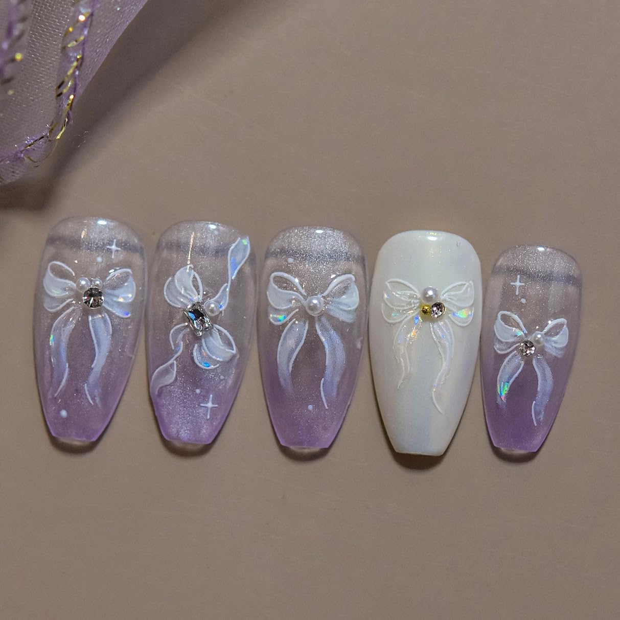 Phuryllic 3D Nail Stickers for Nail Art, Embossed Self-Adhesive Cute Nail Charms & Decals for DIY Nails, Easy-to-Apply Nail Design Supplies & Accessories for Home Manicure-Laser White Bow