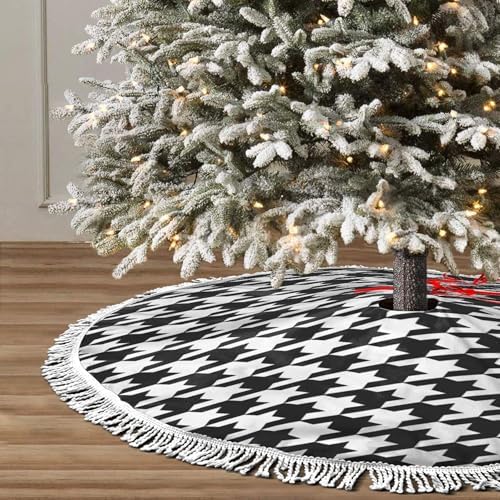 Xmas Tree Skirt 48" Inch,Black and White Houndstooth White Tassel Edge Rustic Christmas Tree Skirts for Party Holiday Decorations Xmas Ornaments