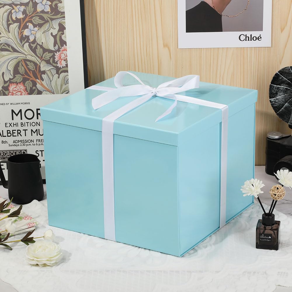 Large Gift Box with Lid 12.5x12.5x10 Inches, Blue Gift Boxes for presents Packaging for Birthdays, Valentine's Day, Christmas, Anniversaries (Include Shredded Paper Fill, Envelope Card Ribbon)