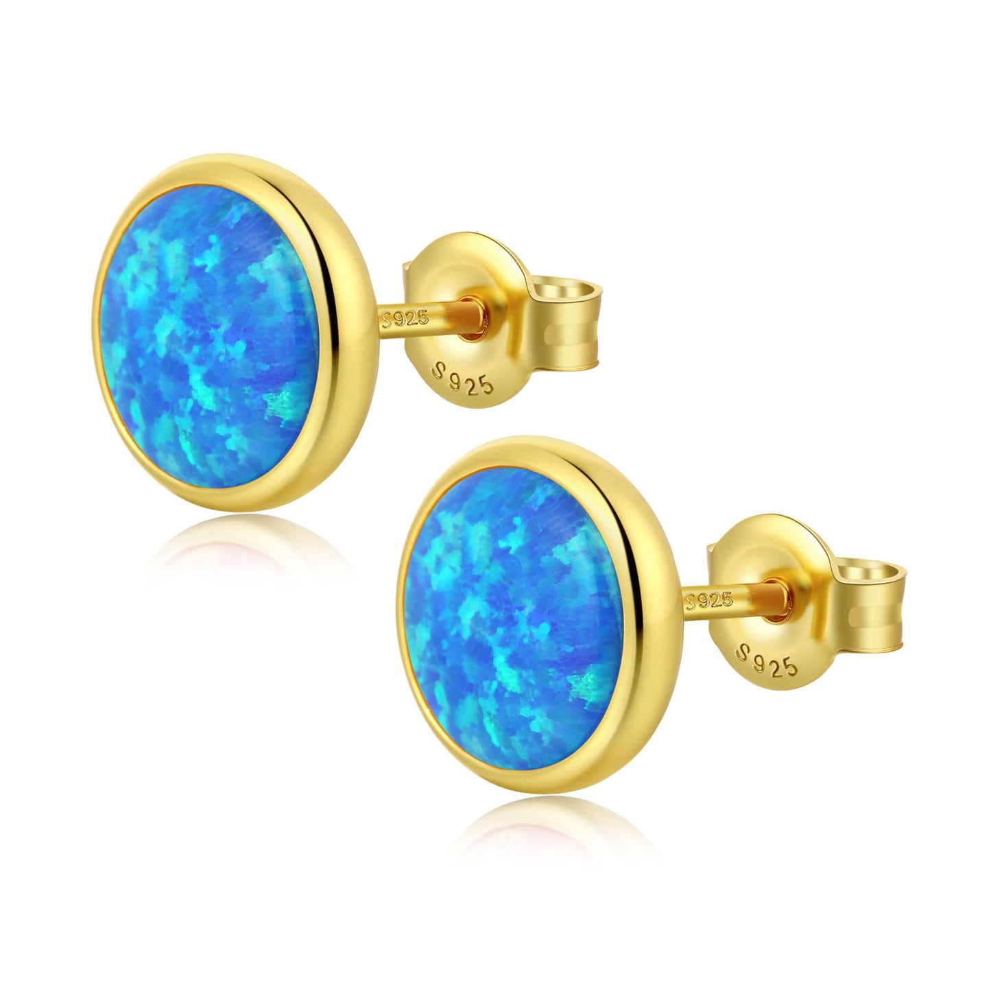 JiayangJY Silver Blue Fire Opal Stud Earrings for Women 18K Yellow Gold Plated Sterling Silver Round Shape 8mm Opal Earrings with Push Back