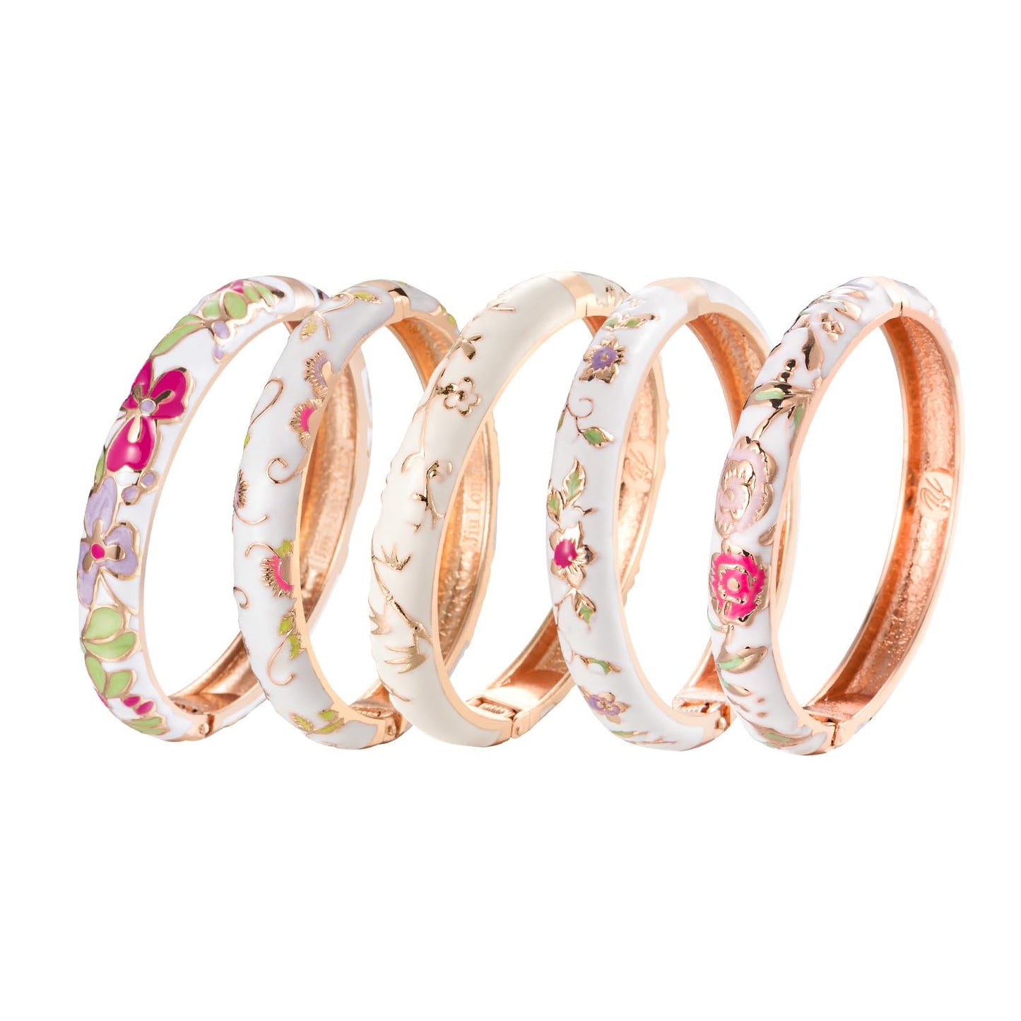 UJOY Bangles 5 Pcs Enamel Jewelry Set Rose Gold Flower Engraved Cloisonne Bracelets Pack in a Box 5PCS white
