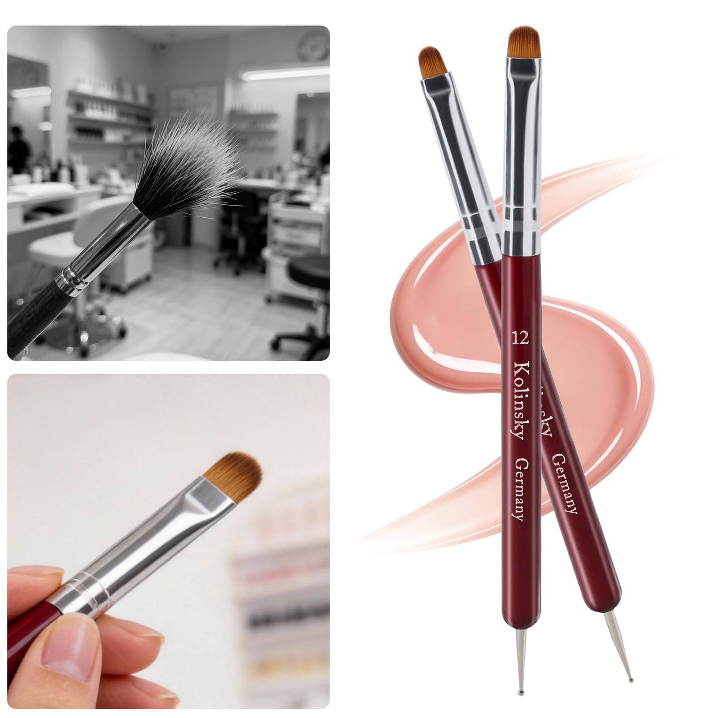 SIMPOR 4 Pieces French Tip Nail Brush and Clean Up Brush Set, Dual Ended Acrylic Nail Art Brushes with Dotting Pen, Professional Oval Manicure Tool for Cuticle Design Red Handle Size 10 12 14 16