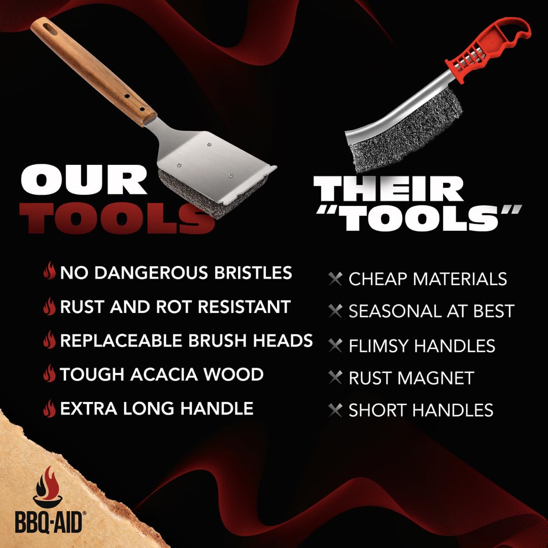 BBQ-AID Bristle Free Grill Brush and Scraper for Barbecue - Extended Large Wooden Handle with Replaceable Head - No Scratch BBQ Cleaning Accessories for Outdoor Grills