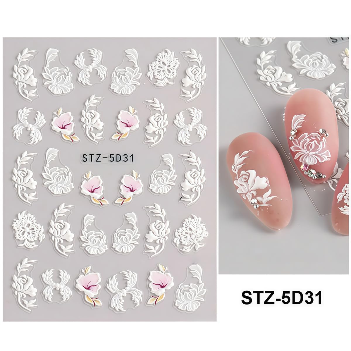 3 Sheets Flower Nail Art Stickers Decals 5D Self-Adhesive Nail Decals Spring/Summer White Fringed Iris Designs, Self-Adhesive Decals for Women's Nail DIY Decoration