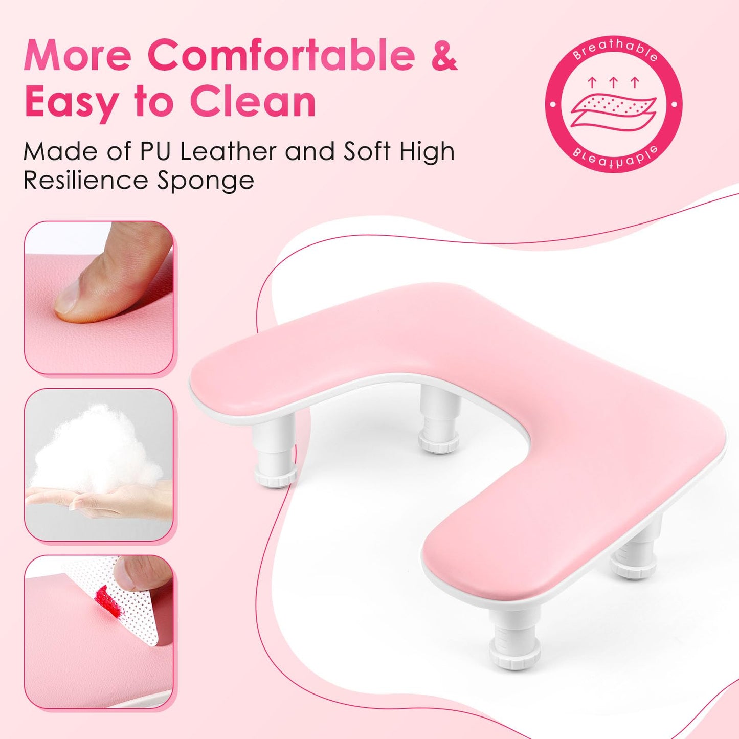 Manicure Arm Rest for Nails Tech: U-shaped Adjustable Nail Armrest - Pink PU Leather Hand Stand Rest for Manicurists
