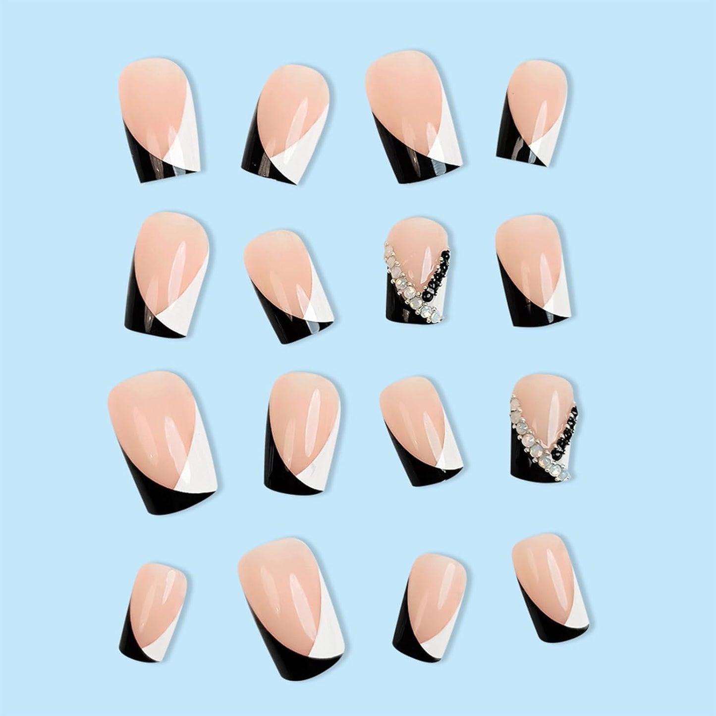 French Press on Nails Short Square Fake Nails Black White Medium False Nails with Designs Pearl Rhinestones Acrylic Nails Glossy Glue on Nails Nude Stick on Nails for Women Nails Art Manicure 24 Pcs