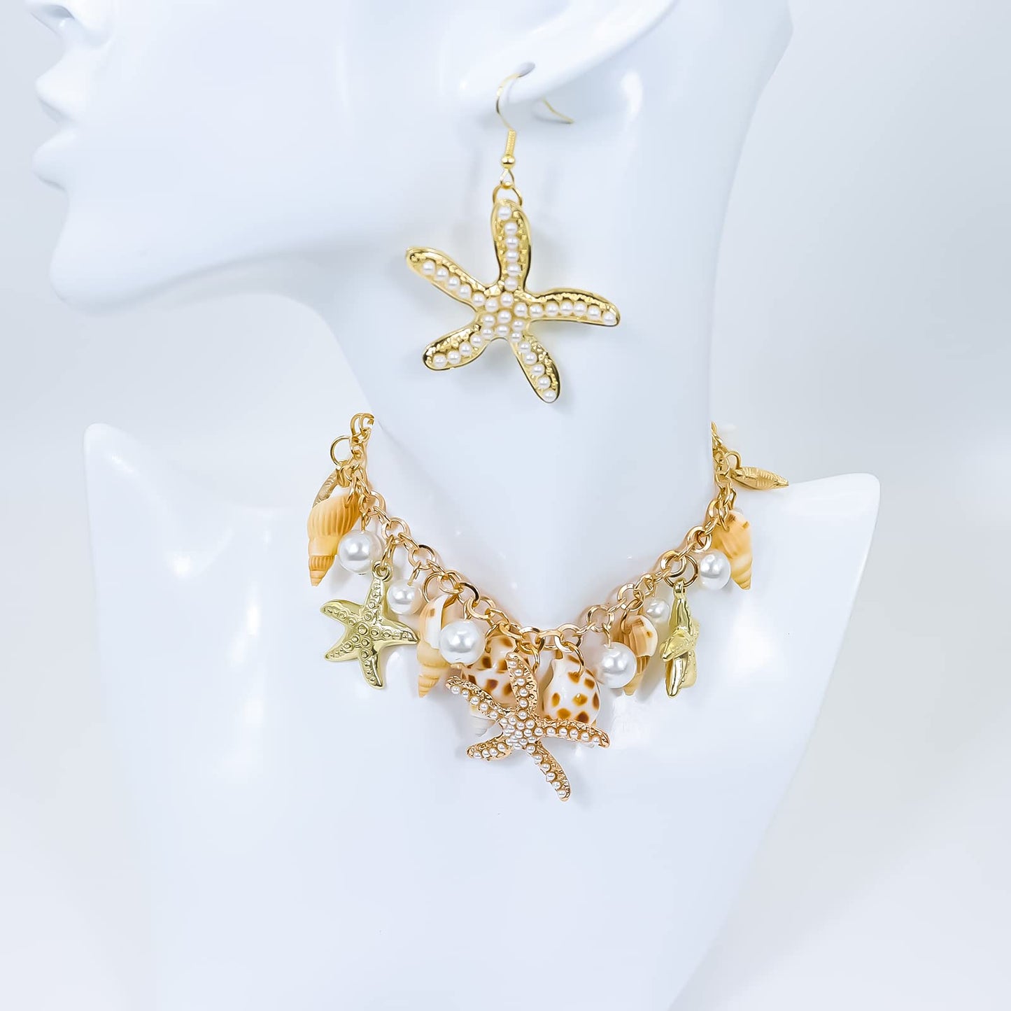 Halawly Shell Necklace Choker - Mermaid Tail Fashion Sea Starfish Faux Pearl Collar Bib Statement Chunky Pendant Set