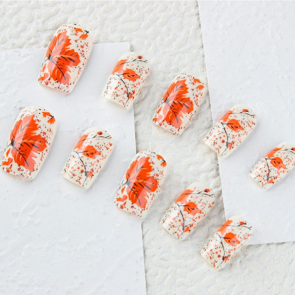 Fall Press on Nails Maple Leaves Fake Nails Medium Square False Nail with Gradient Designs Full Cover Reusable Acrylic Cute Autumn Nail for Women Girls 24Pcs