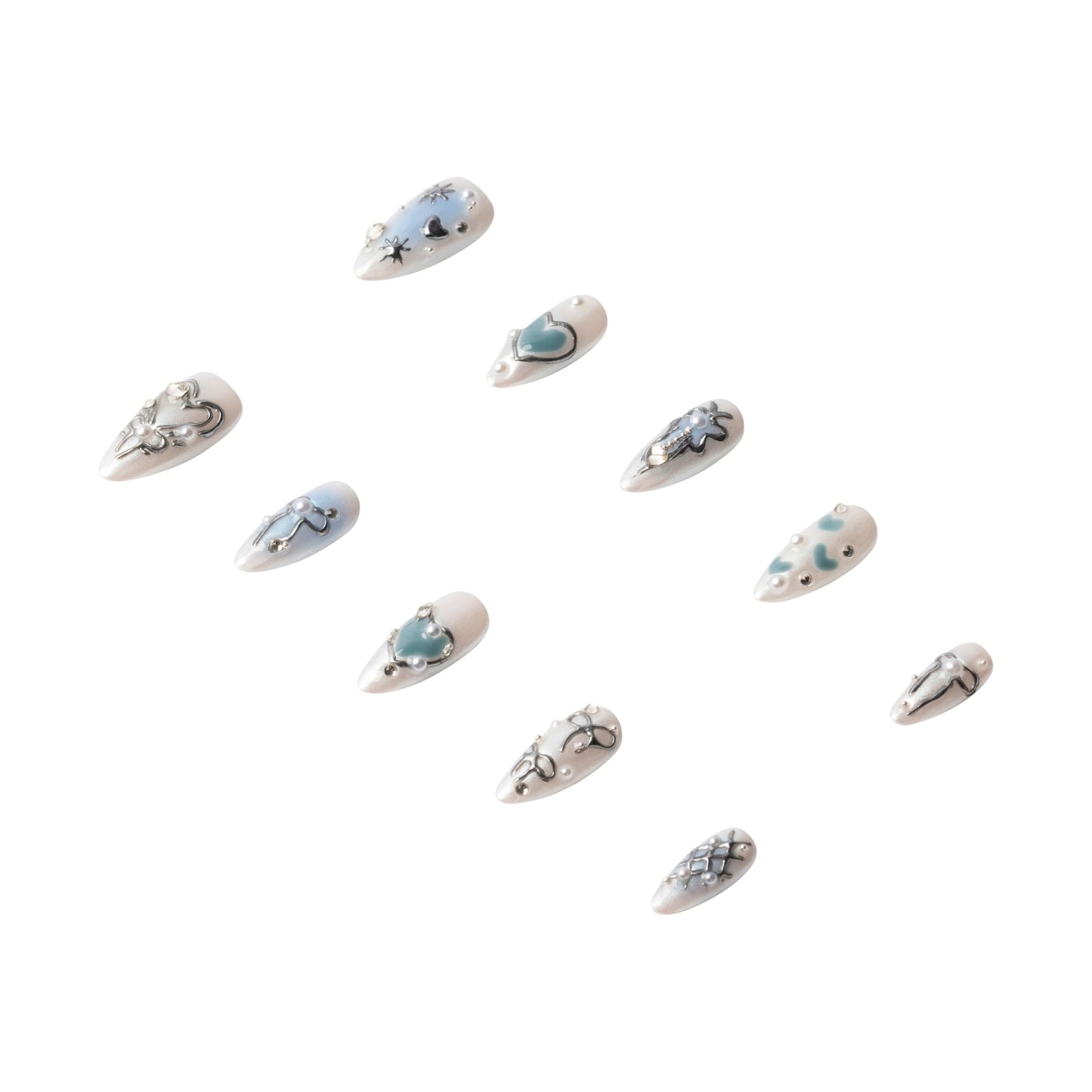 3H Luxury Handmade Press-On Nails Chrome Angel (White Silver, Medium), Reusable False Nails with Whimsical Accent, Gleaming Silver Chrome Finish