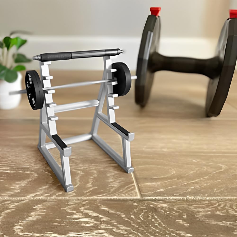 EKDJKK Squat Rack Pen Holder, Modern A-Frame Style, Gray Plastic, Fun Desk Gym Decor with Weights & Barbells