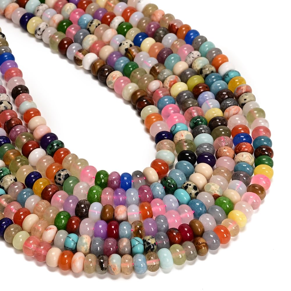 Land Long 98 Pcs 4x6mm Mixed Gemstone Bead Smooth Rondelle Stone Beads Beads for Jewelry Making Necklace Adults Bracelets