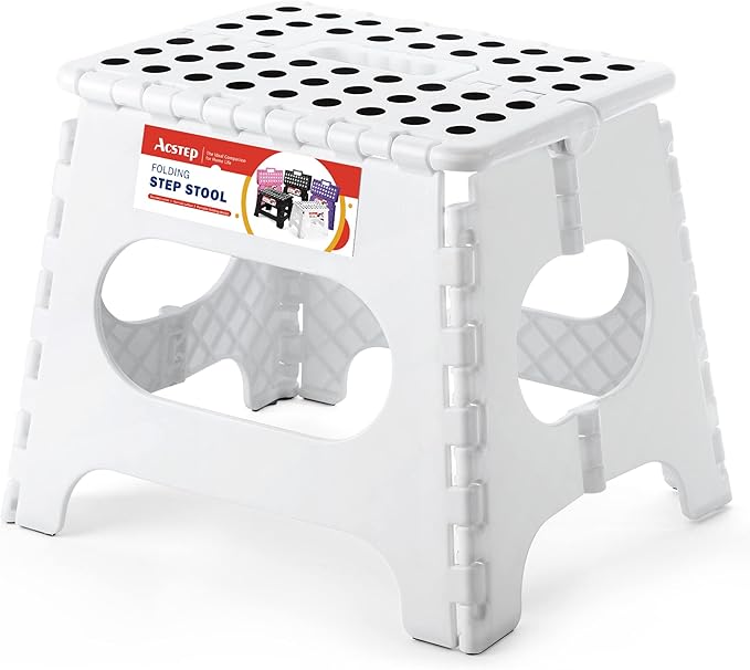 ACSTEP Folding Step Stool for Adults and Kids 11 Height Lightweight Plastic Stepping Stool Foldable Step Stool Hold up to 300lbs Non Slip Collapsible Stool for Kitchen, Bathroom, White