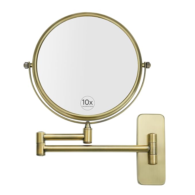GURUN 8-Inch Double-Sided Wall Mount Makeup Mirrors with 10x Magnification Bathroom Mirror for Hotel Antique Satin Brass Finished M1406K(8in,10X)