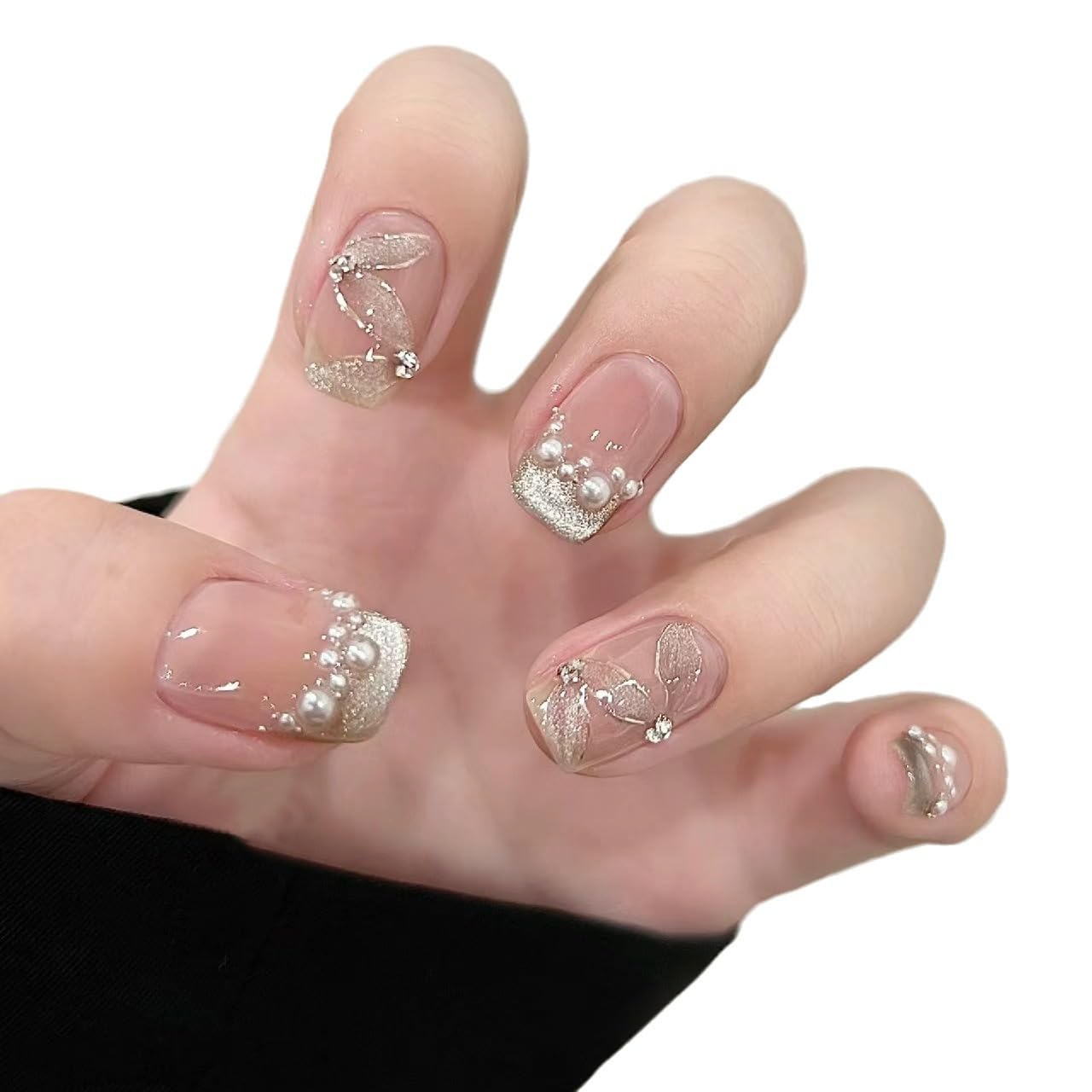 GLORS Press-on False Nails, Short Square Cat Eye Silk Ribbon with French Manicure, Glitter Finish, Pink/White Ombre, 10 Pieces (XS, SS)