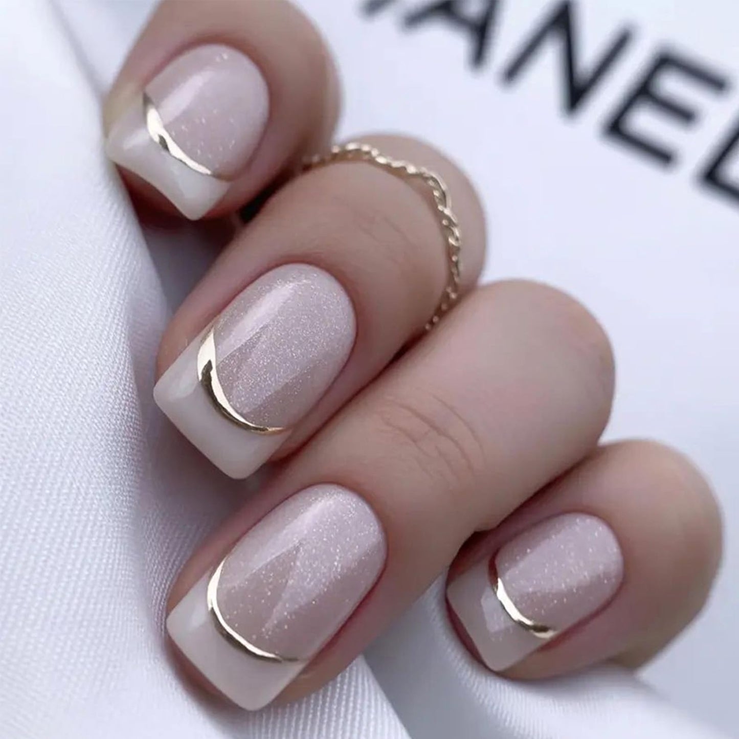 French Tip Press On Nails Medium Square Fake Nails with Gold Glitter Line Glossy Nude Pink False Nails Reusable Acrylic Stick On Nails for Women Daily Wear, 24 Manicure Kit with Adhesive Tabs