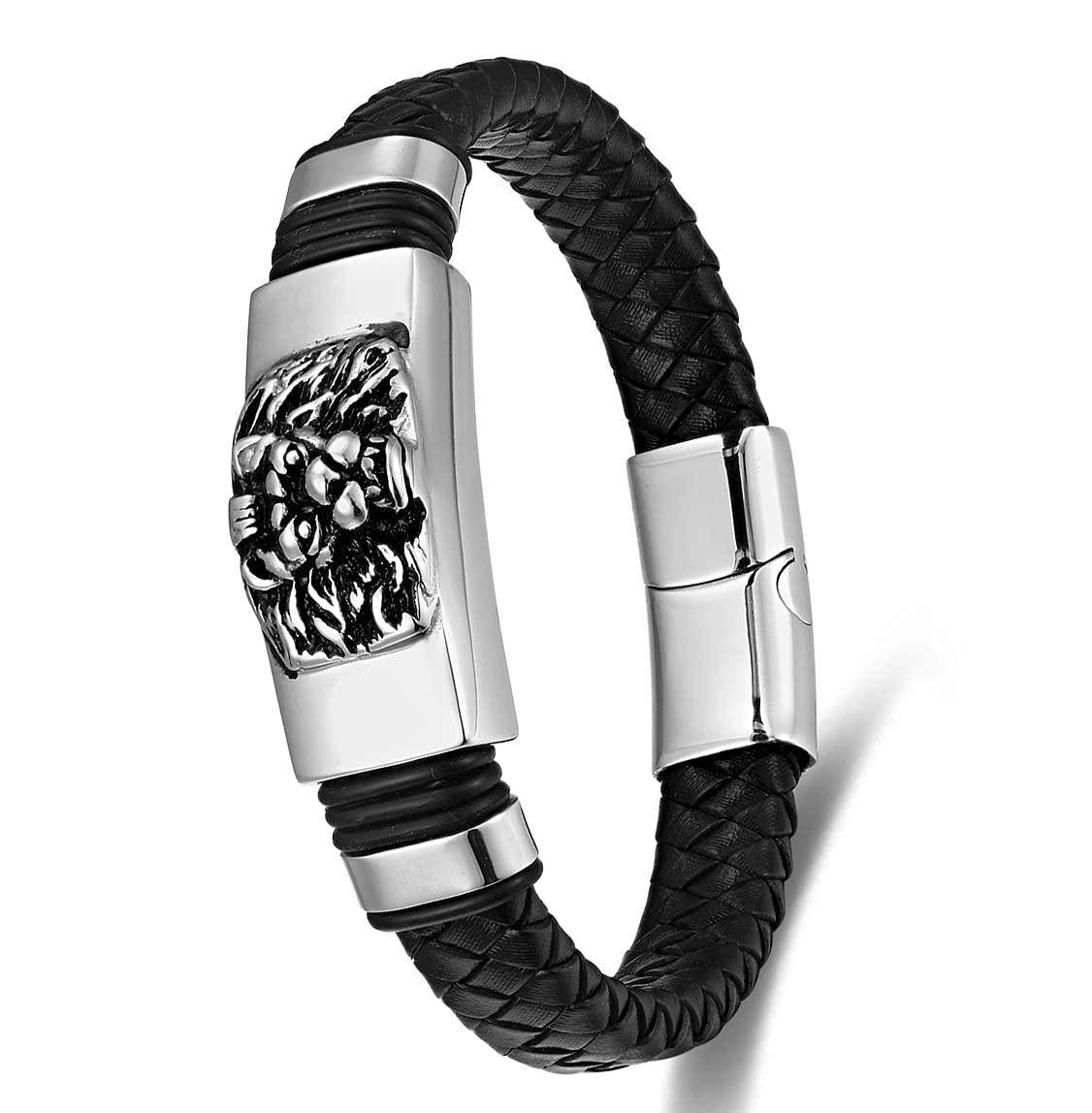 BIYONGDE Mens Womens Black Braided Leather Bracelet, Vintage Stainless Steel King Lion Head ID Identification