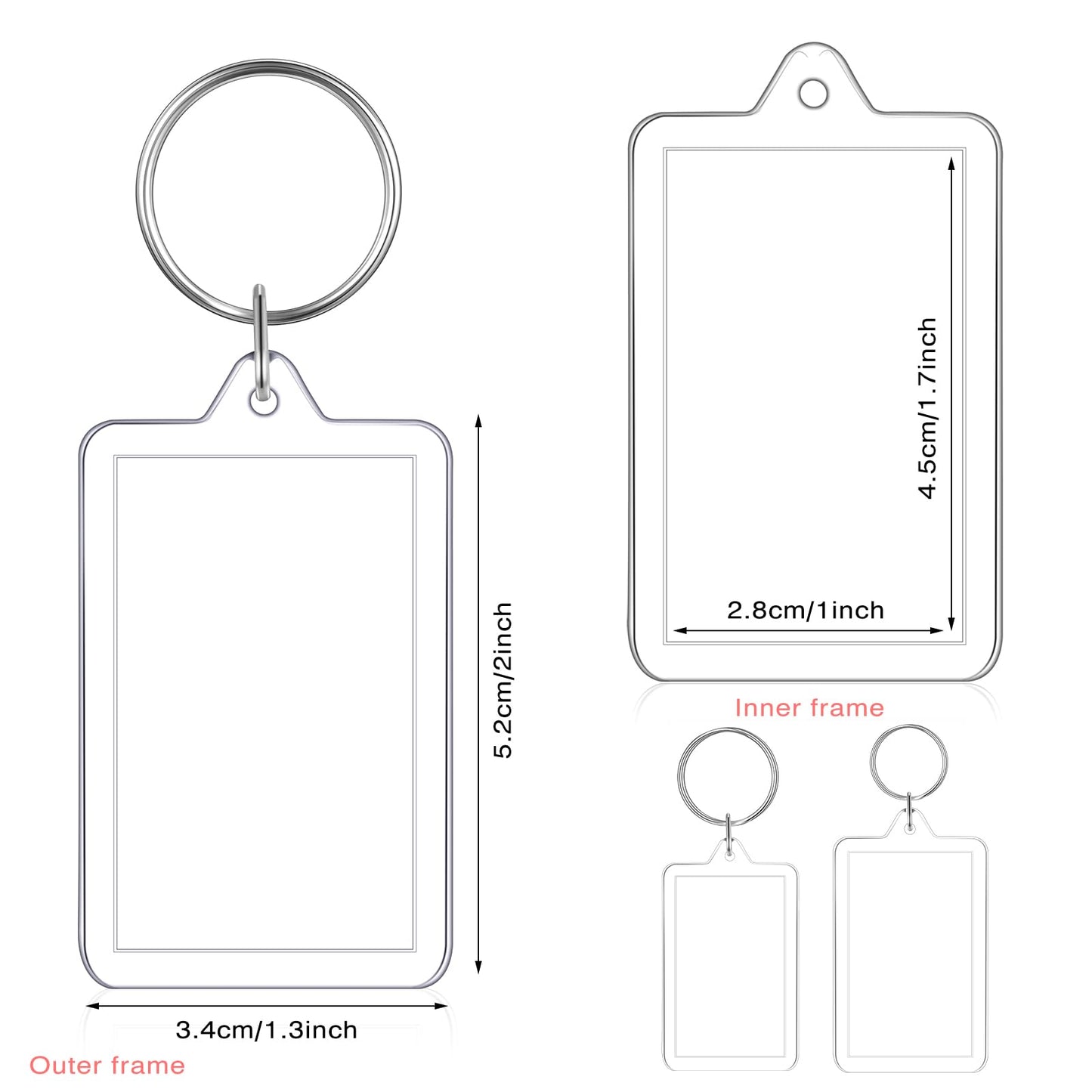 Yaomiao 50 Pcs Acrylic Photo Frame Keychain Holder 1.3 x 2 Inch Photo Picture Insert Blank Keyring for DIY Craft