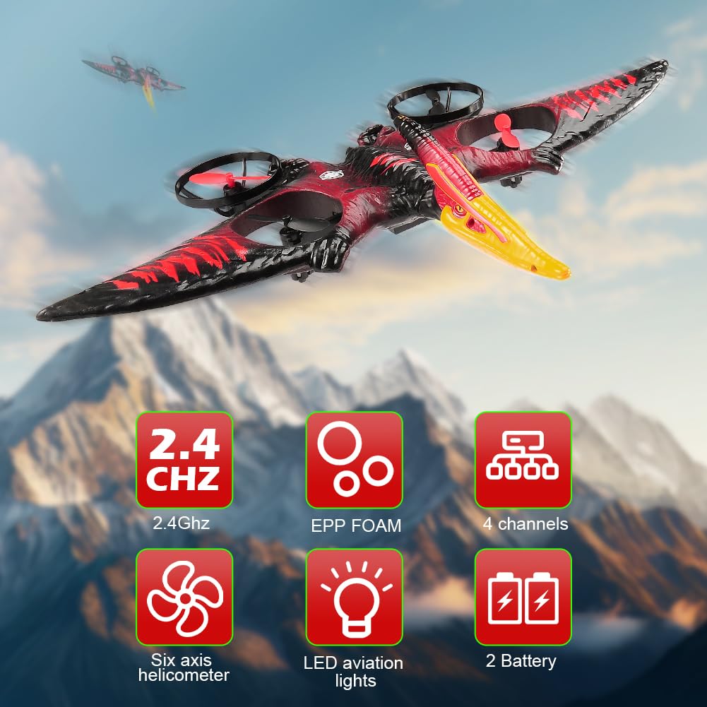 Dinosaur Remote Control Drone, 2.4G EPP Foam RC Pterodactyl Hobby RC Airplanes with 6-Axis Gyro, One Key Takeoff Landing, Stunt Roll & 360 Flip, Fighter Jet Toy Christmas Birthday Gift for Boys Girls
