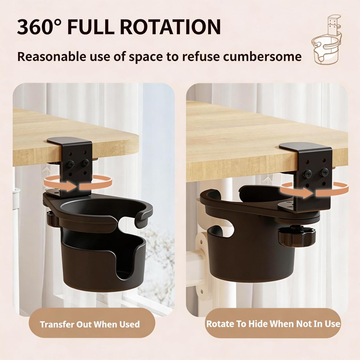 XULIONTS No Drill Desk Cup Holder Clamp, 360° Rotating Anti-Spill Table Cup Holder, Adjustable Clip on Cup Holder for Gaming Desk, Gamer Gift, Drink Holder for Coffee Cup, Office Accessories (Sleek)
