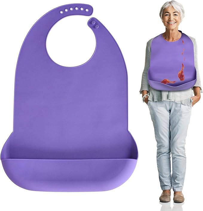 Adult Bibs for Men Women Adjustable Washable Silicone Adult Bibs for Elderly with Crumb Catcher (Purple)
