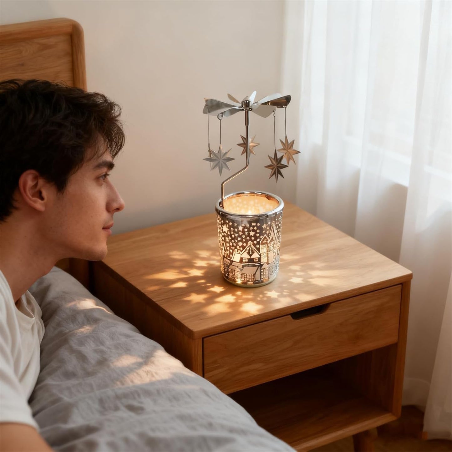 Qtnuerm Metal Rotary Candle Holder Spinning Windmill Tea Light Carousel Decor for Home & Gifts (Silver North Star)