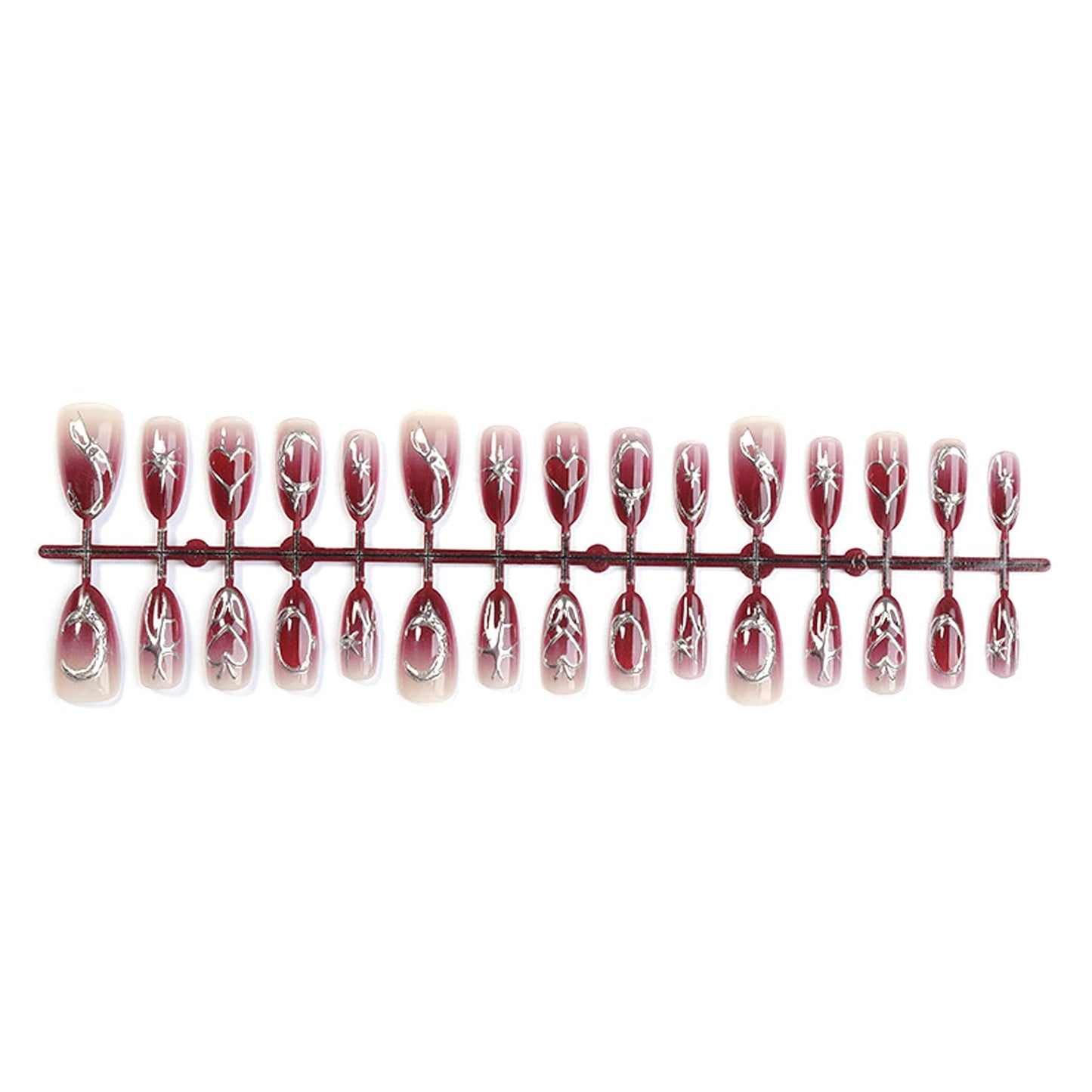 24Pcs Chrome Silver Press on Nails Medium Almond Fake Nails with 3D Rhinestone Design Valentine False Nails Silver Irregular Line Acrylic Nail Red Gradient Full Cover Heart Star Glue on Nail for Women