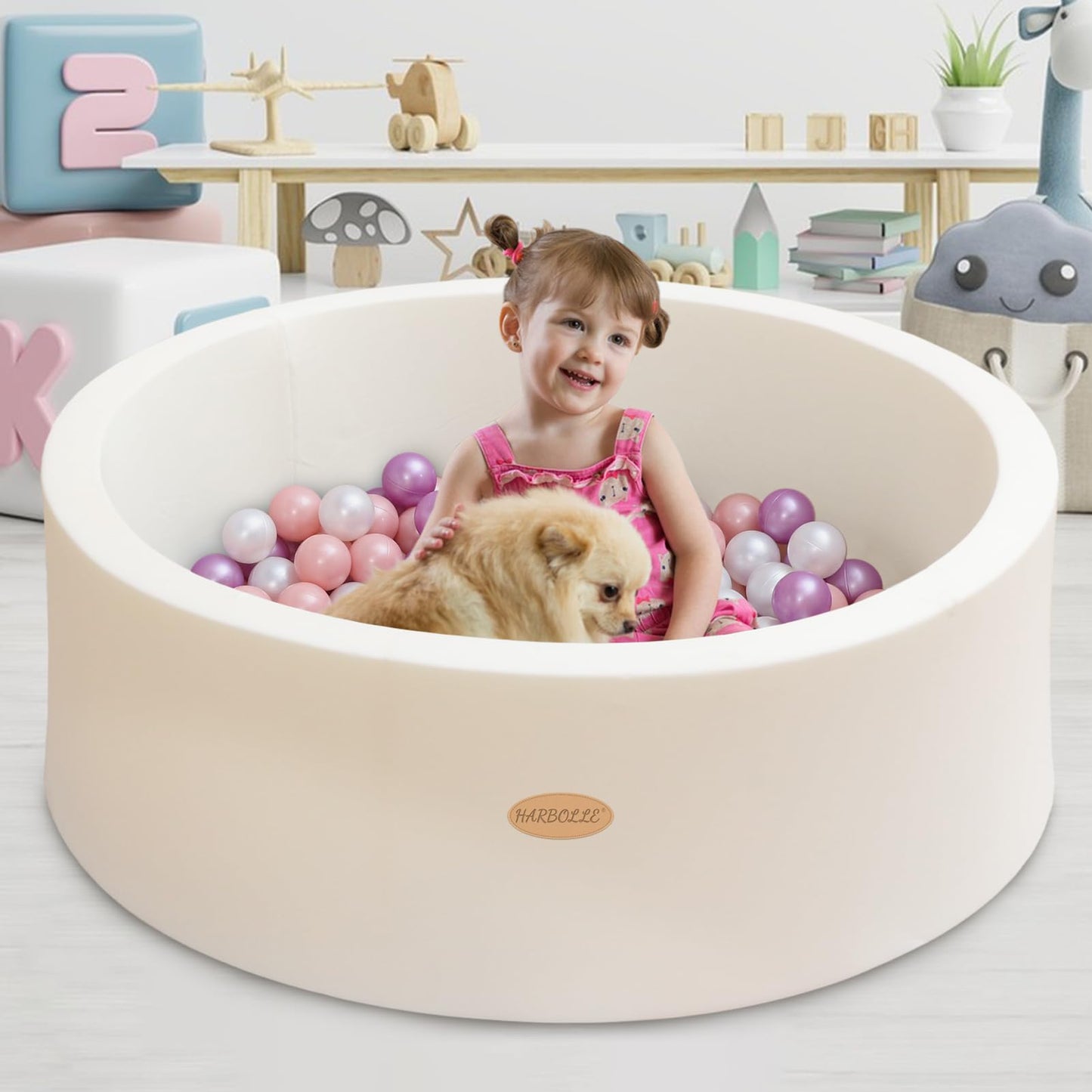 HARBOLLE Baby Ball Pit 35.4" Soft Round Memory Foam Ball Pits NOT Included Balls Indoor Outdoor Playpen for Babies Toddlers Kids Great Gift for Girls Boys, White