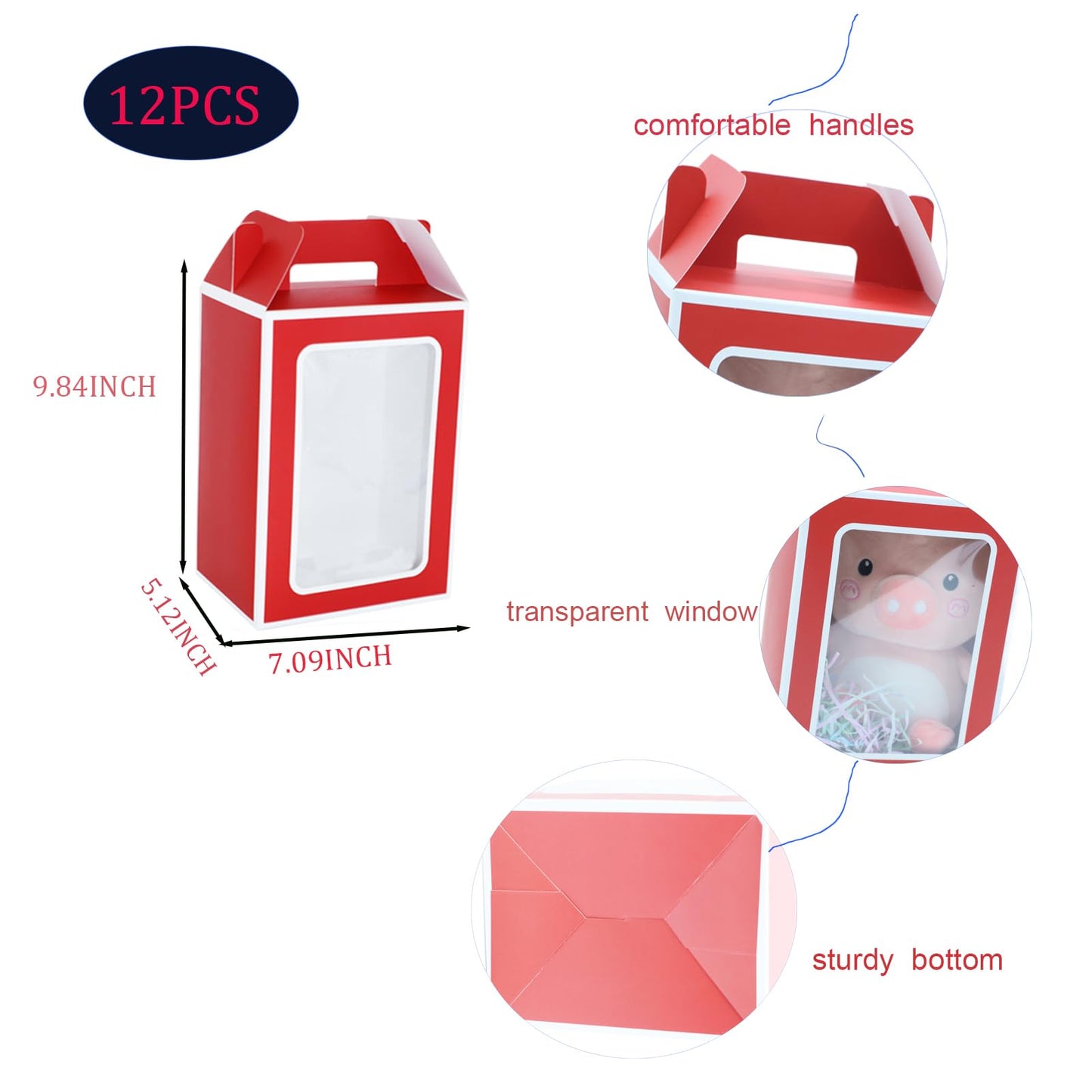 KNNSRE 12 Pcs Clear Gift Bags with Transparent Window Gift Boxes Candy Boxes Flower Boxes 9.8x5.1x7.1 Inch Medium Paper Bags with Handle For Party Business Birthday Wedding Present (RED)