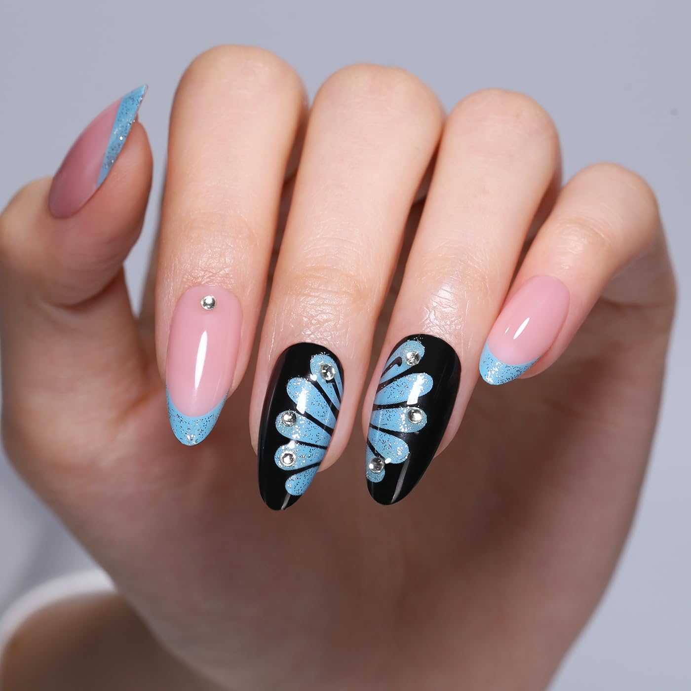 Goolich Nude Pink Press On Nails Medium Almond,Y2k Butterfly French Tip Nails Press ons Set with Adhesive Tabs, 24 Pcs 12 Size Reusable Full Cover Glue on Nails for Women