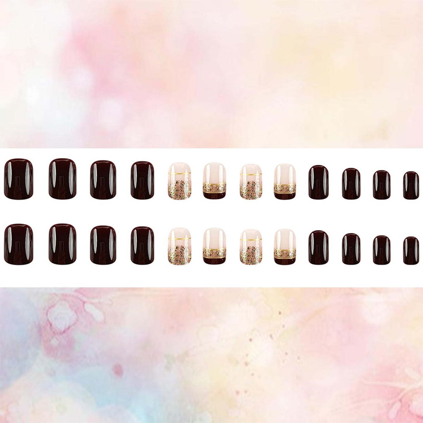 Press on Nails Short Length Brown French False Nails with Gold Foil Design Square Nails Full Cover Glossy Acrylic Nails French Artificial Stick on Nails Reusable Glue on Nails for Women Manicure Kit