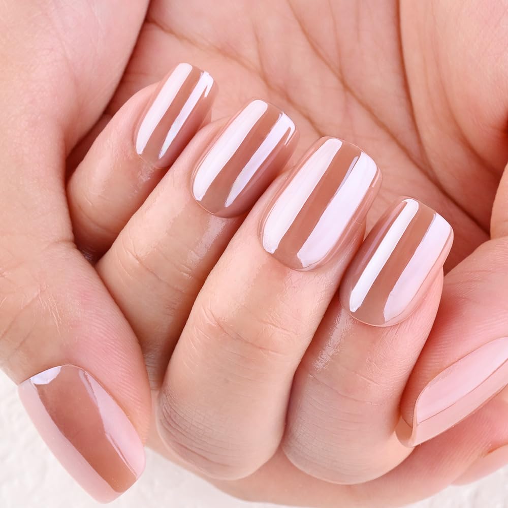 evpct Nude Glazed Press on Nails Short Square No Glue, Petite Short Square Chrome Metallic Aurora Stick on Nail for Women Gift, Reusable Full Cover Soft Press on Nail Perfectly Fit with Glazed Design