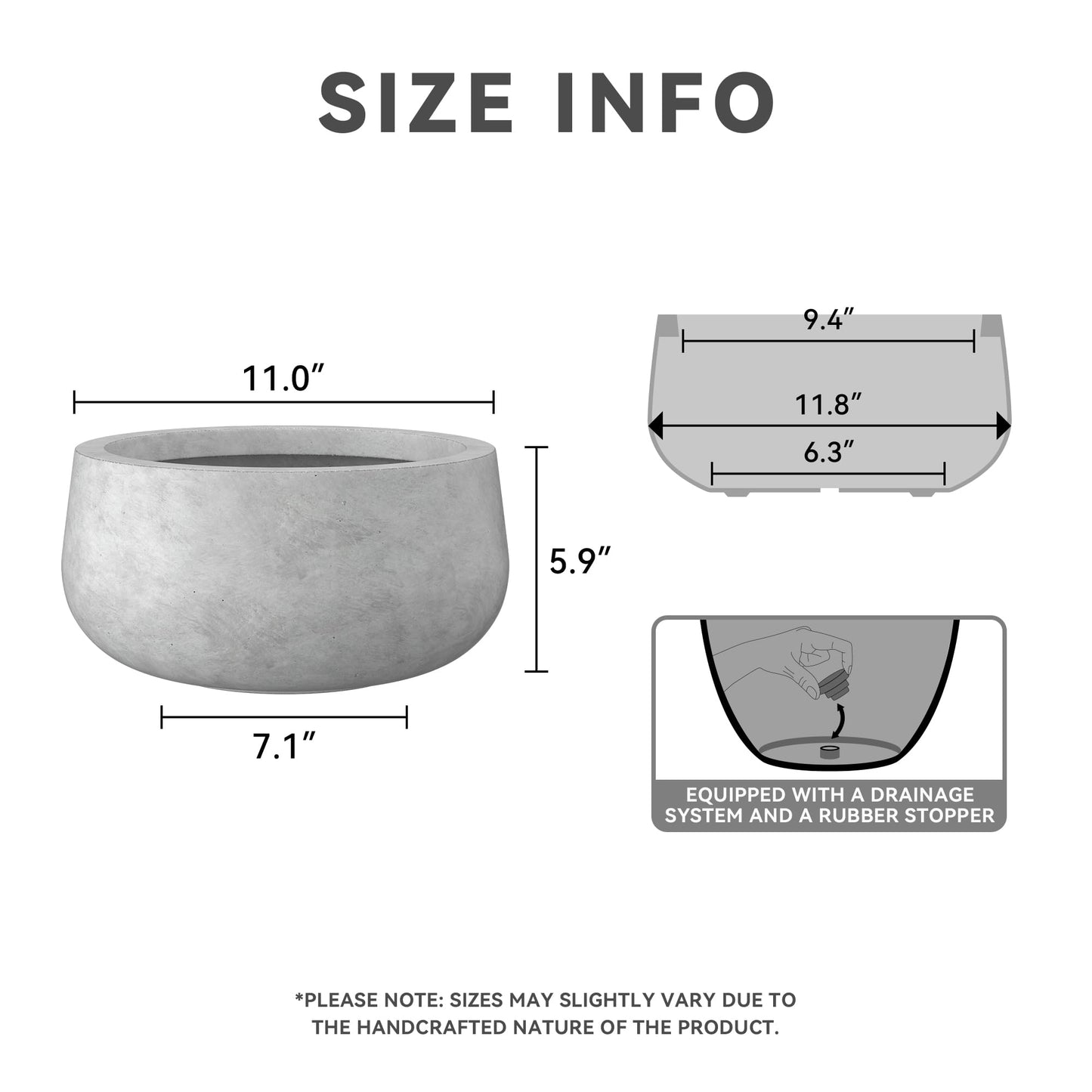 Kante 11.8" Dia Round Concrete Planter, Cement Plant Pots with Drainage Hole and Rubber Plug for Outdoor Indoor Garden Home, Modern Curvaceous Design, Natural Concrete
