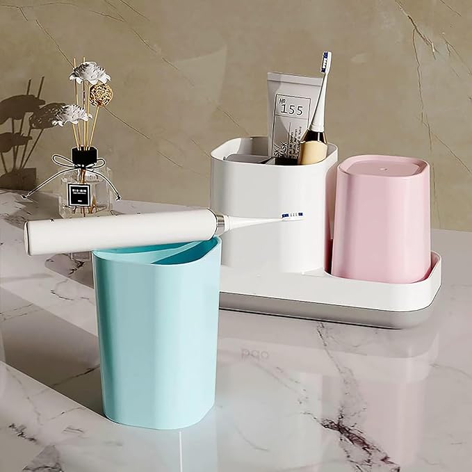 Toothbrush Holder for BathroomToothbrush Cup, Kids Toothbrush Holder with Bathroom Cup, Electric Toothbrush Toothpaste Holder and Bathroom Accessories Storage, Pink & Blue
