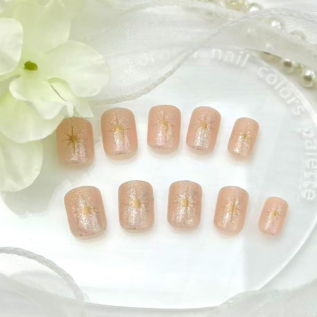 Short Press on Nails Square Glitter Gold Star Fake Nails Press ons Acrylic Nude Full Cover False Nail Cute Artificial Glossy Glue on Nail for Women 24 Pcs