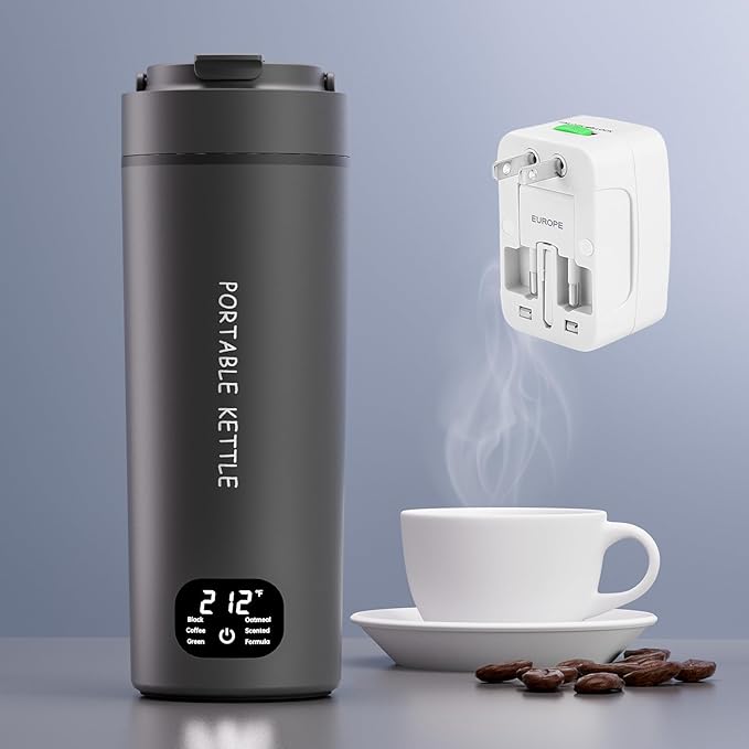 Dual Voltage Portable Electric Kettle Travel Hot Water for Tea, Coffee, 6 Temperature Controls and LCD Display, 316 Stainless Steel and 450ml, Auto Shut Off & Boil Dry Protection
