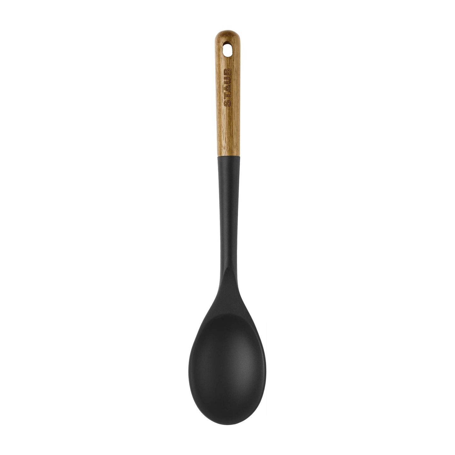 STAUB Serving Spoon, Great for Scooping Sides and Serving Hearty Stews, Durable BPA-Free Matte Black Silicone, Acacia Wood Handles, Safe for Nonstick Cooking Surfaces