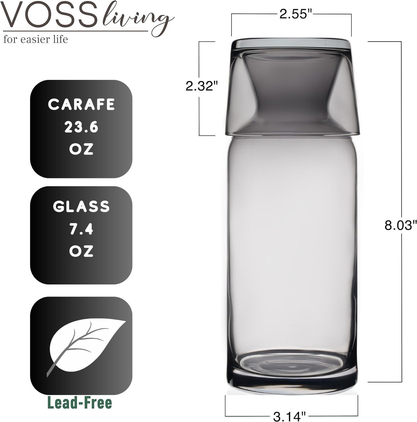 VOSS Living - Bedside Water Carafe and Glass Set, 23.6 Oz - Infused Pitcher for Nightstand, Mouthwash Decanter Bottle(Ivory Black)