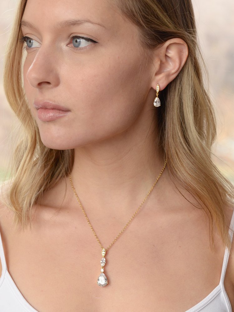 Mariell Bridal Wedding Necklace Earrings Set, 14K Gold Plating, CZ Crystal Pendant and Drop Earring for Brides, Bridesmaids