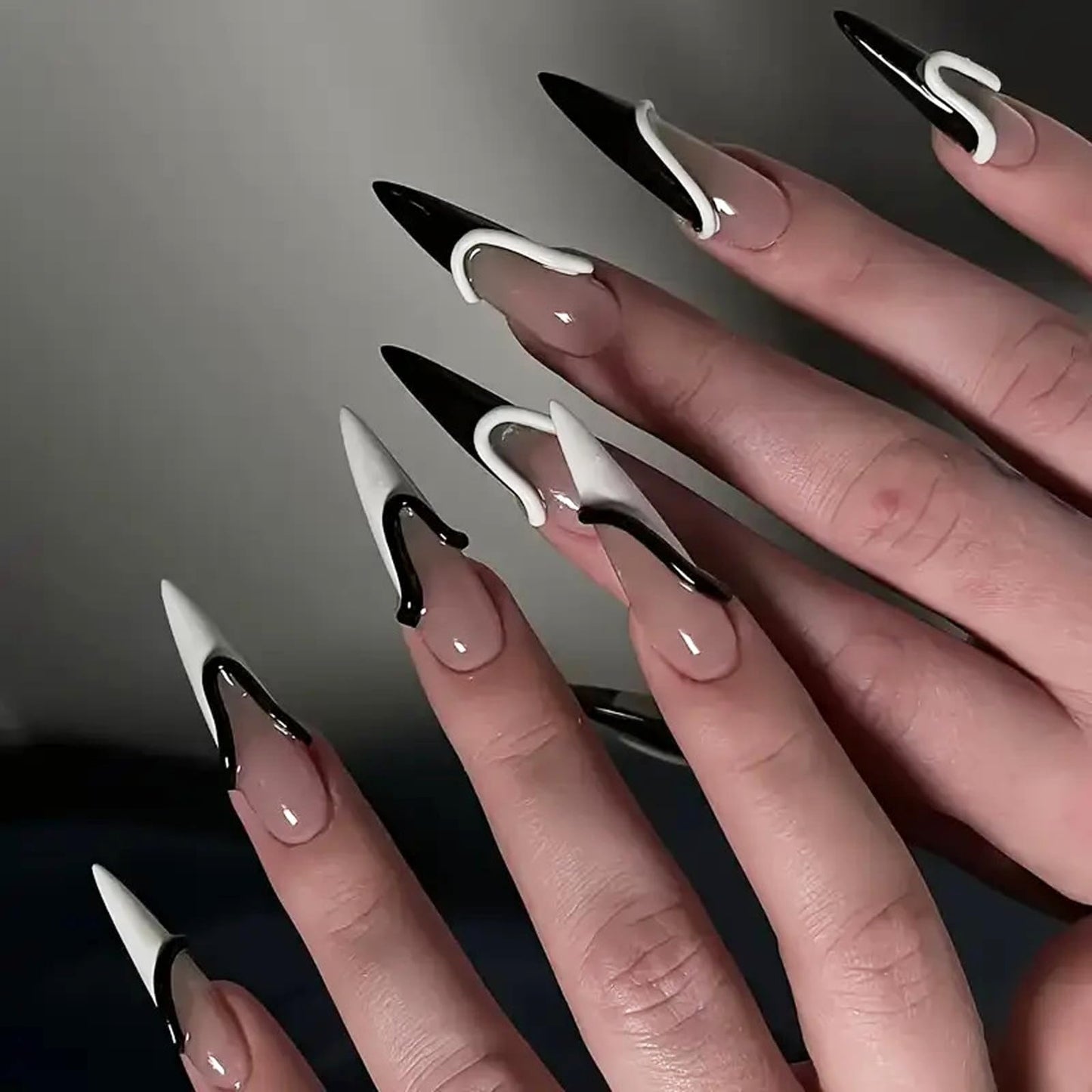 IMSOHOT Press on Nails Long Stiletto Fake Nails Black White French Tips False Nails with 3D Line Designs Glossy Full Cover Artificial Acrylic DIY Glue on Nails