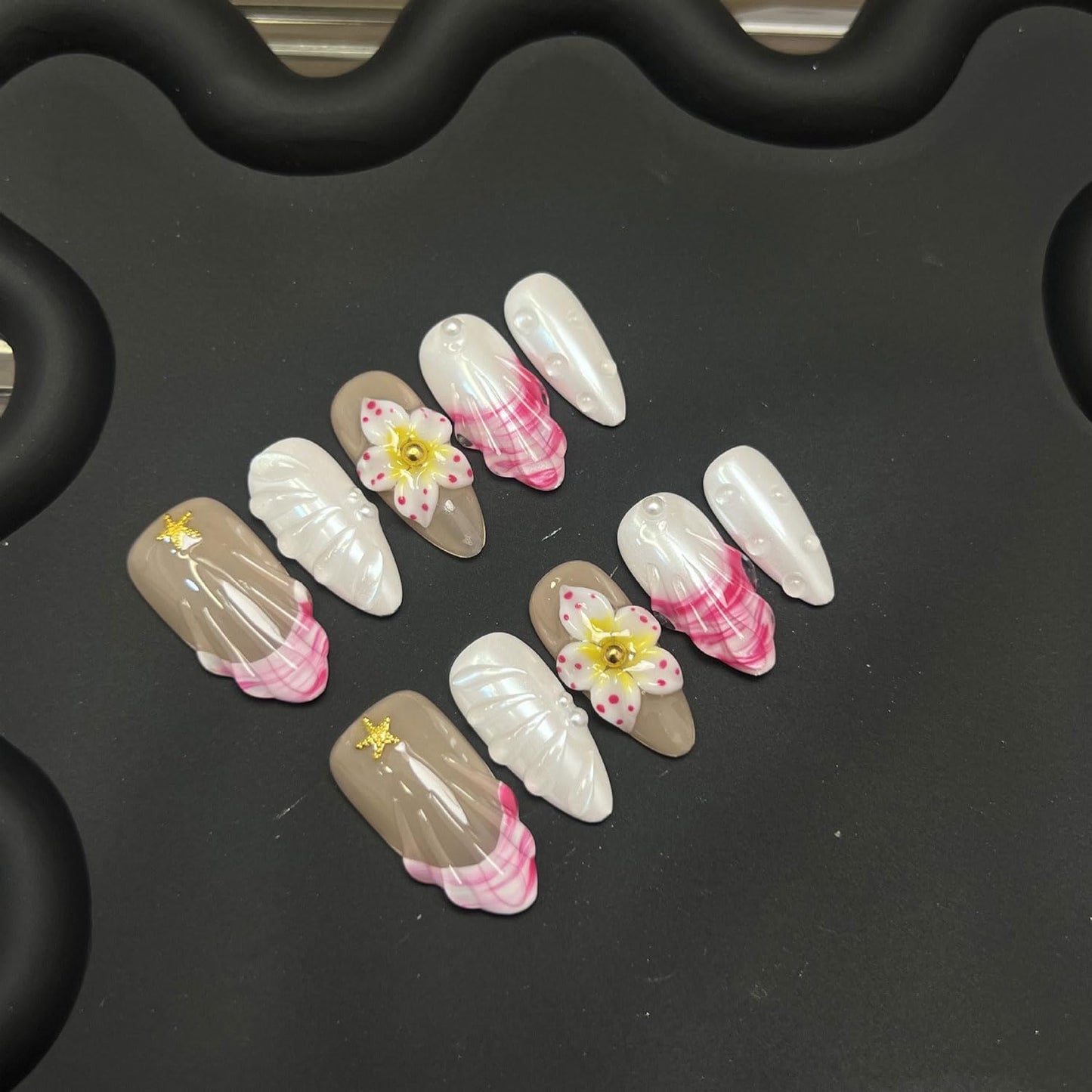 Thick Press on Nails Luxury Handmade Medium Almond False Nails with Glue,White Glitter Fake Nails Tropical Flower Art Design Reusable Press ons Nail Muti-Layer Gel Acrylic Nails for Women(Size S)
