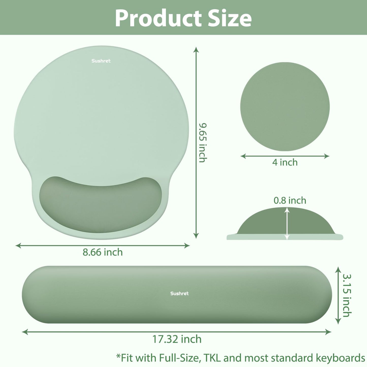 Sushret Mouse Pad and Keyboard Wrist Rest, 3-in-1 Gel Memory Foam Ergonomic Mouse Pad with Wrist Rest Set,Gaming Mousepad Arm Cushion Support for Computer Office Desk Accessories Cute Setup,Sage Green