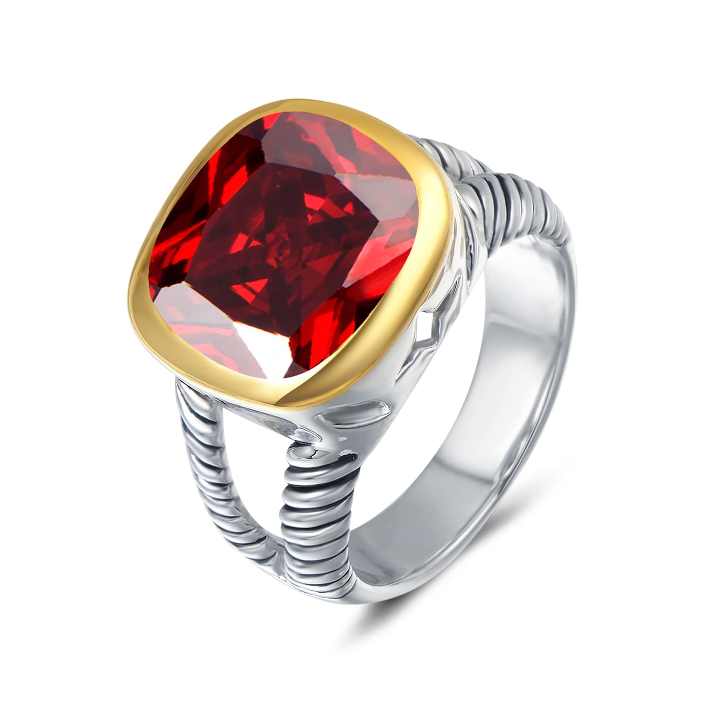 UNY JEWEL Twisted Cable Wire Two Tone Cusion Cut CZ Statement Ring Designer Inspired Fashion Love Antique Women Jewelry Gift (Red, 7)
