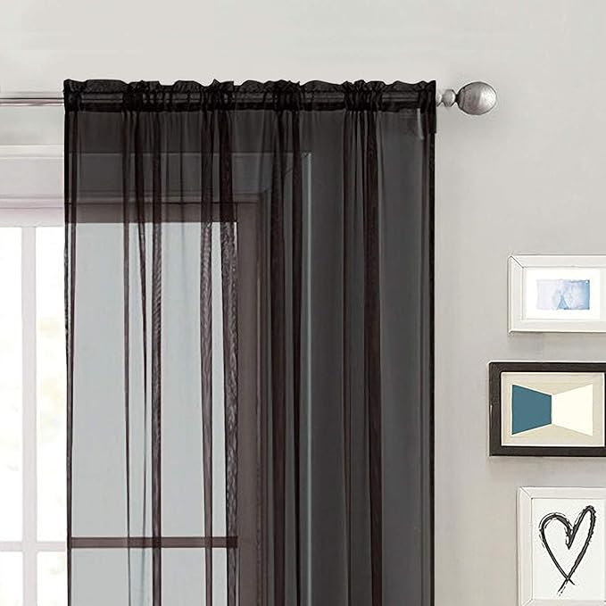 SpaceDresser Sheer Voile Window Treatment Rod Pocket Curtain Panels for Kitchen Bedroom Living Room Drapes Sunlight Filtering Privacy Semi Home Decor Assorted (Black, 52 W x 45 L)