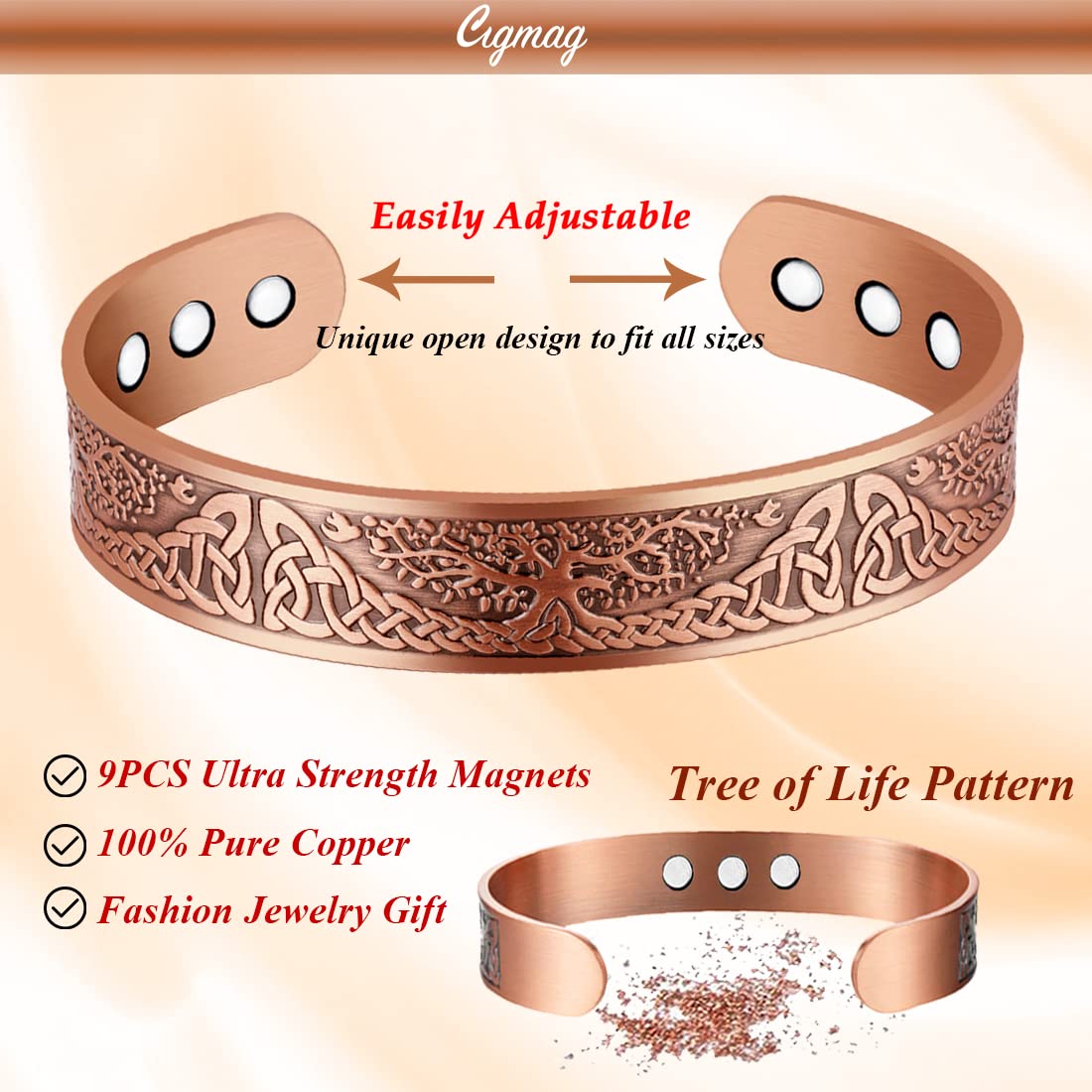 Cigmag 9X Copper Bracelet for Men Copper Magnetic Bracelet Strength Magnets Tree of Life Pattern Adjustable Solid Pure Cuff Bangle