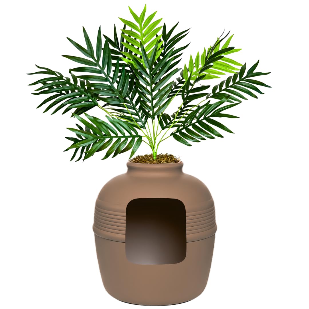Good Pet Stuff Original Hidden Litter Box Planter, Decorative Cat Litter Enclosure with Carbon Filter, Artificial Palm Plant, Upgraded Design, Easy to Clean, Base Kit, White Birch