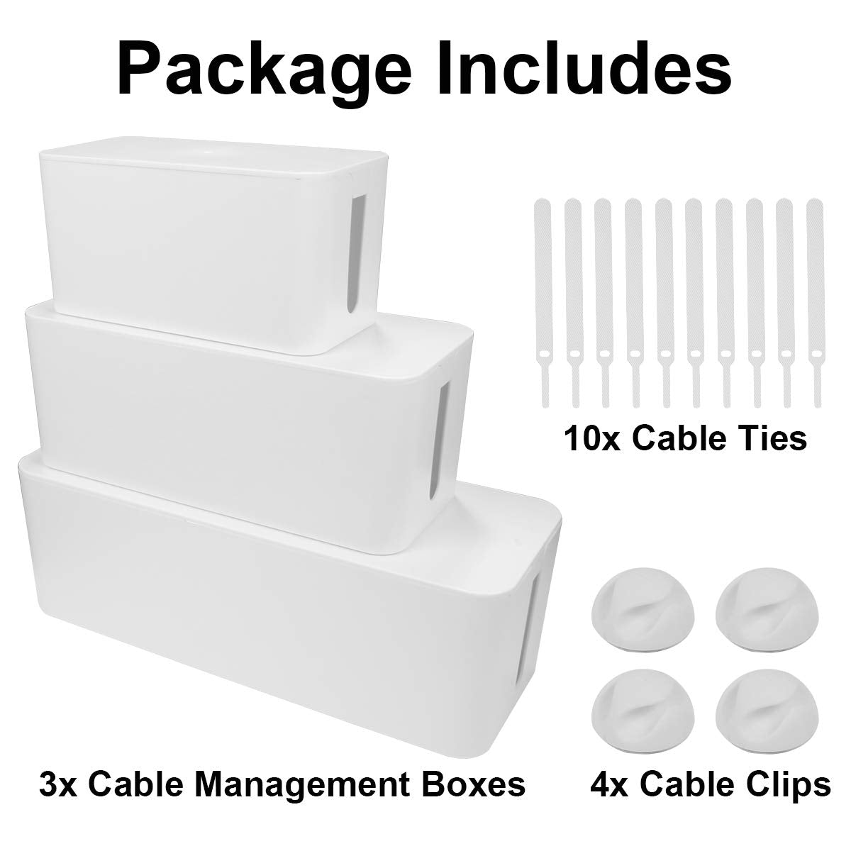 Cable Management Box - 3 Pack Cord Organizer Box for Desk - Large Medium Small Cable Box to Hide Power Strip & Wires - Pet-Safe Cord Hider for TV Computer Under Desk - White